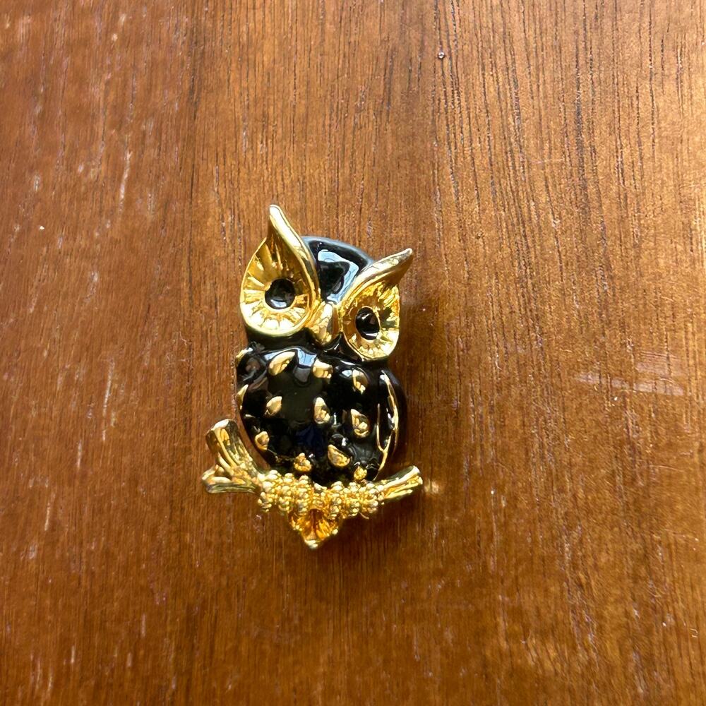 Vintage Enamel Owl Brooch | Gold Tone & Black Mid-Century Bird Pin, Owl Jewelry